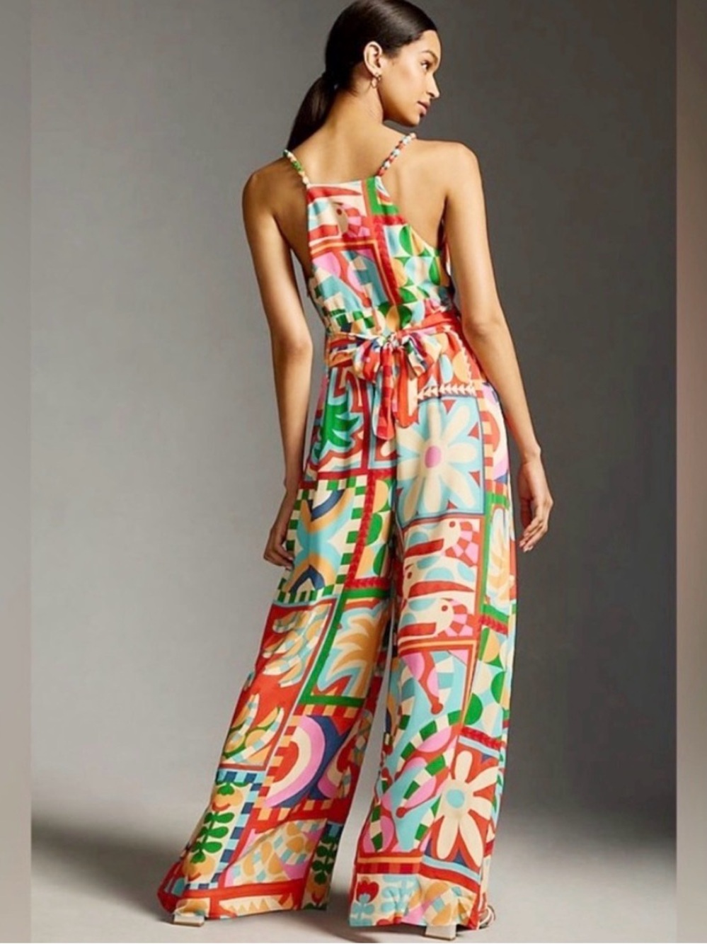 FARM Rio Multicolor Patchwork Wide-Leg Jumpsuit with Coral & Green - Picture 2 of 3